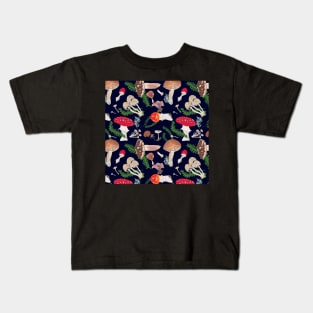 Woodland Mushrooms with Dark Blue Background Kids T-Shirt